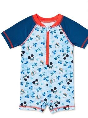 Disney Blue and Red Short-Sleeve One-Piece Swim Romper